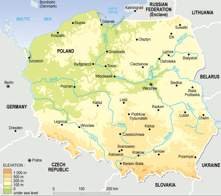 Polen topografisk karta - Karta över Polen topografiska (Östra Europa