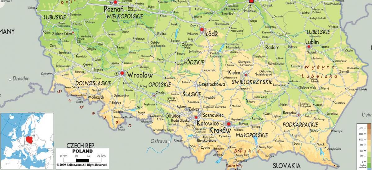 Karta över södra Polen - Karta över södra Polen och Östra Europa - Europa)